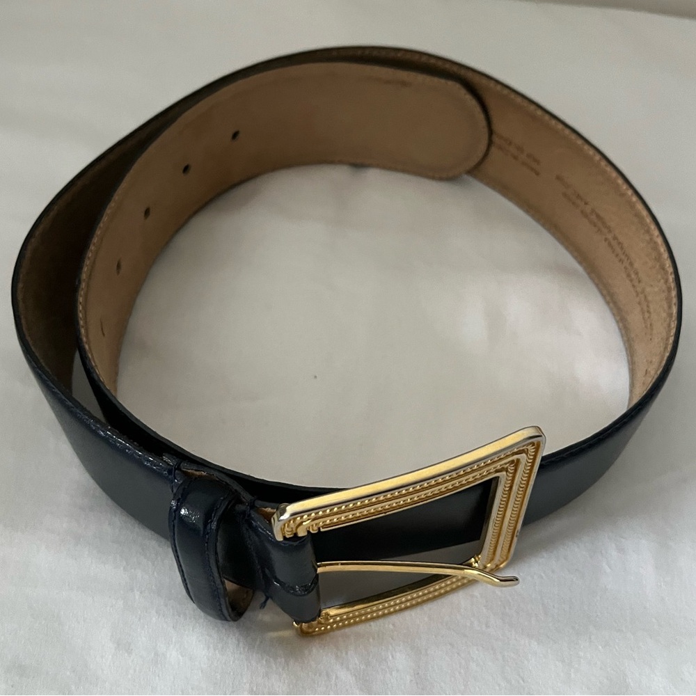 Liz Claiborne Navy Blue Leather Belt with Gold Buckle